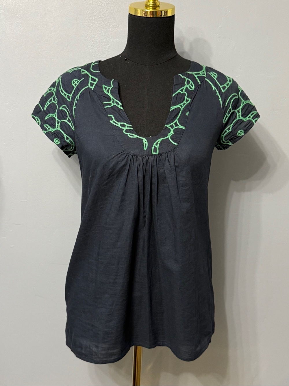 #12)  Tabitha 100% Cotton Blue Short-Sleeve Top with Green Embroidery
